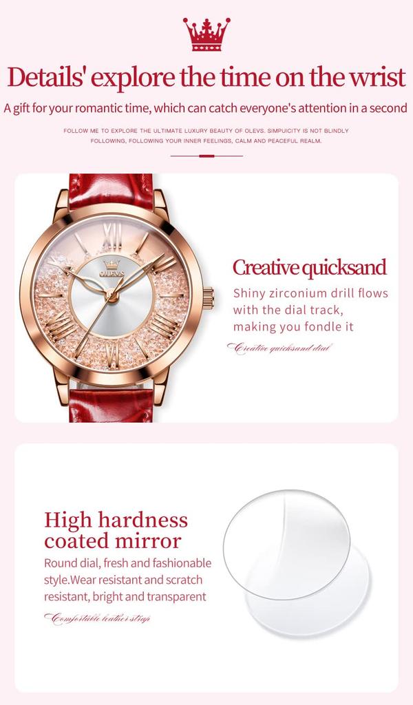 OLEVS Women's Watch Set - Easy-to-Read Bracelet Watch - Premium Stainless Steel - Calendar, 3 ATM Water Resistance, Luminous Gold/Silver (Red)