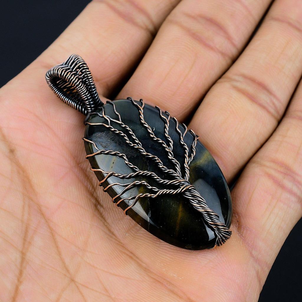 Blue Tiger Eye Pendant, 999 Copper Wire Wrapped Pendant Jewelry. Gift For Women Handmade Pendant Gemstone Jewelry