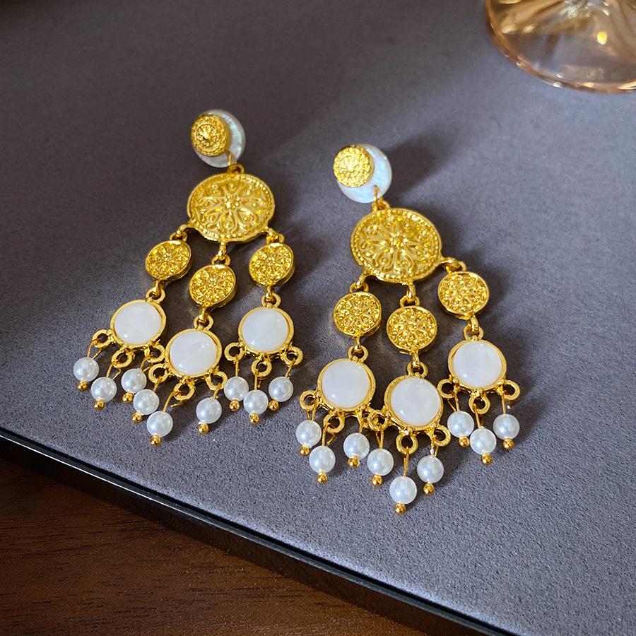 Resin Round Flower Tassel Earring for Women High-end Drop Earring Medieval Style Personalized Fashion Luxury Designer Zircon