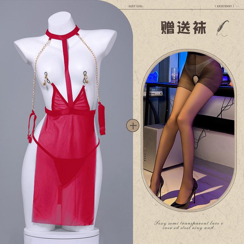 Erotic lingerie sexy mesh see-through uniform temptation leaking breasts passion stripless SM battle robe girl on the bed