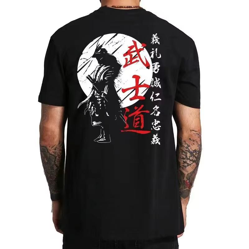 Summer Men's Japanese Bushido Printed Round Neck T-shirt 100% Cotton Hip Hop Loose Outdoor Street Short Sleeve