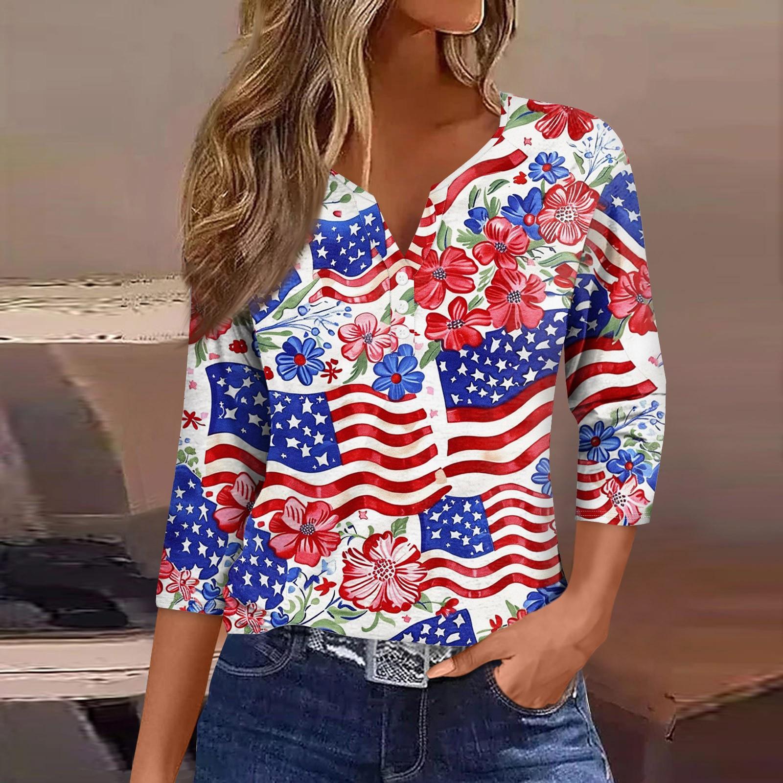 

Women s Neck Independence Day Printed Striped Short Sleeve T-Shirt Top L бежевый