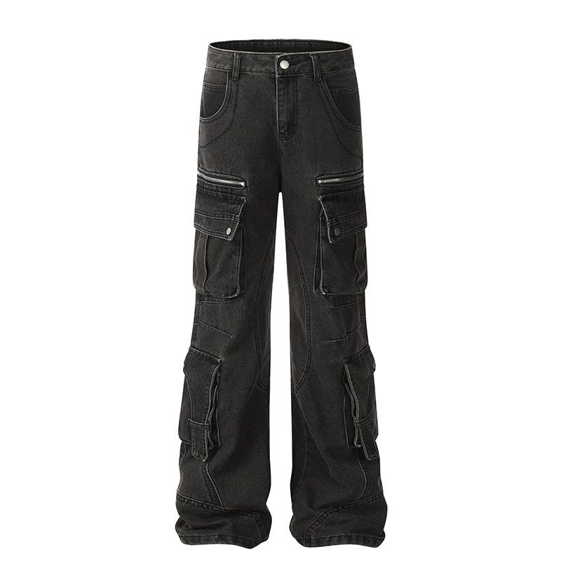 Blaexit American Retro Washed Black-Gray Denim Cargo Pants Multi-Pocket Heavy-Duty Bombshell Pants A-Line Wide-Leg Pants
