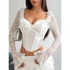Elegant Sexy Square Collar Long Sleeve Lace Shirt Spring Slim-Fitting Bell Sleeve Base Ride Flower Lace Fishbone Tops