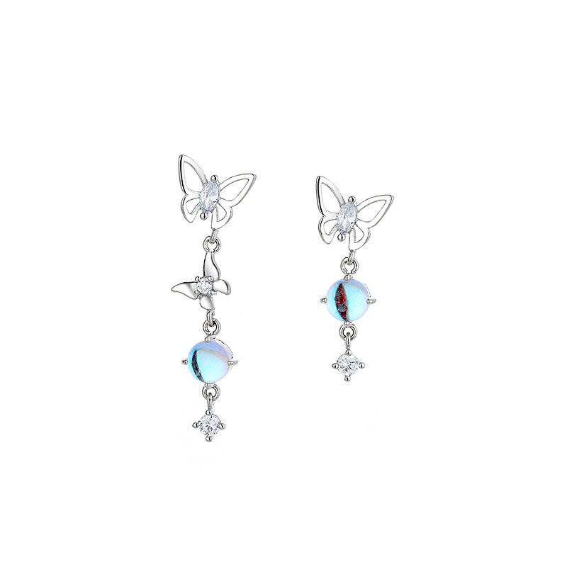 Gu Maoning, Light Luxury Asymmetric Earrings, Niche Zircon Fringed Earrings, Temperament, Moonstone Butterfly Earrings, Long.