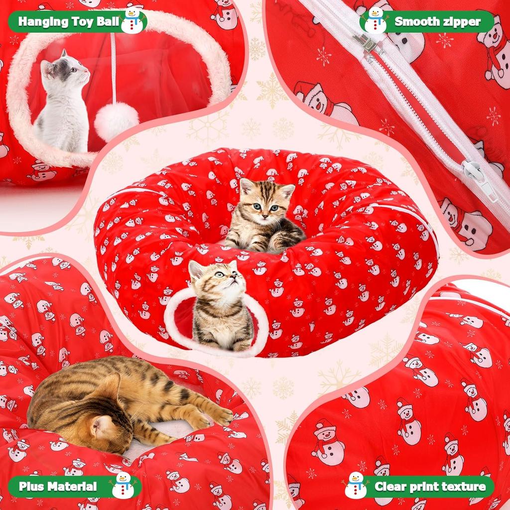Cat Tunnel with Christmas Tree Skirt, 35.8'' Foldable Kitty Pipeline for Kittens & Small Pets, Xmas Festive Hanging Ball Decorat