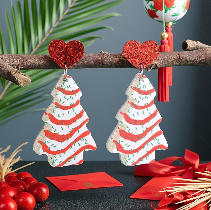 Christmas Cartoon Style Heart & Snowflake Earrings with Candy Cane Design