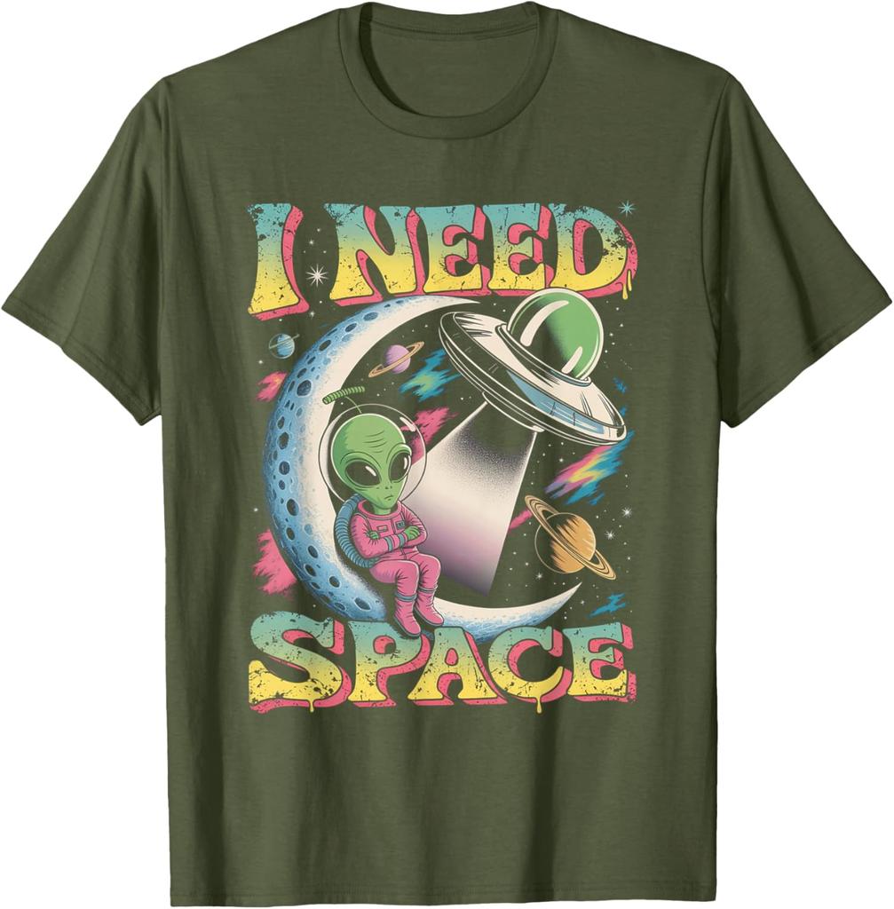 Alien Ich brauche Platz Retro Mond Sitzendes UFO Grafik T-Shirt Baumwolle Lässig Reise T-Shirt