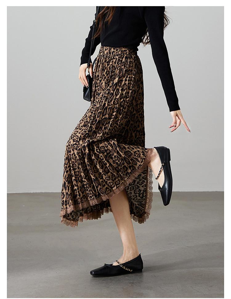 Leopard print high waisted skirt for 2026 spring fashion, loose and versatile, slimming mid to long A-line umbrella skirt
