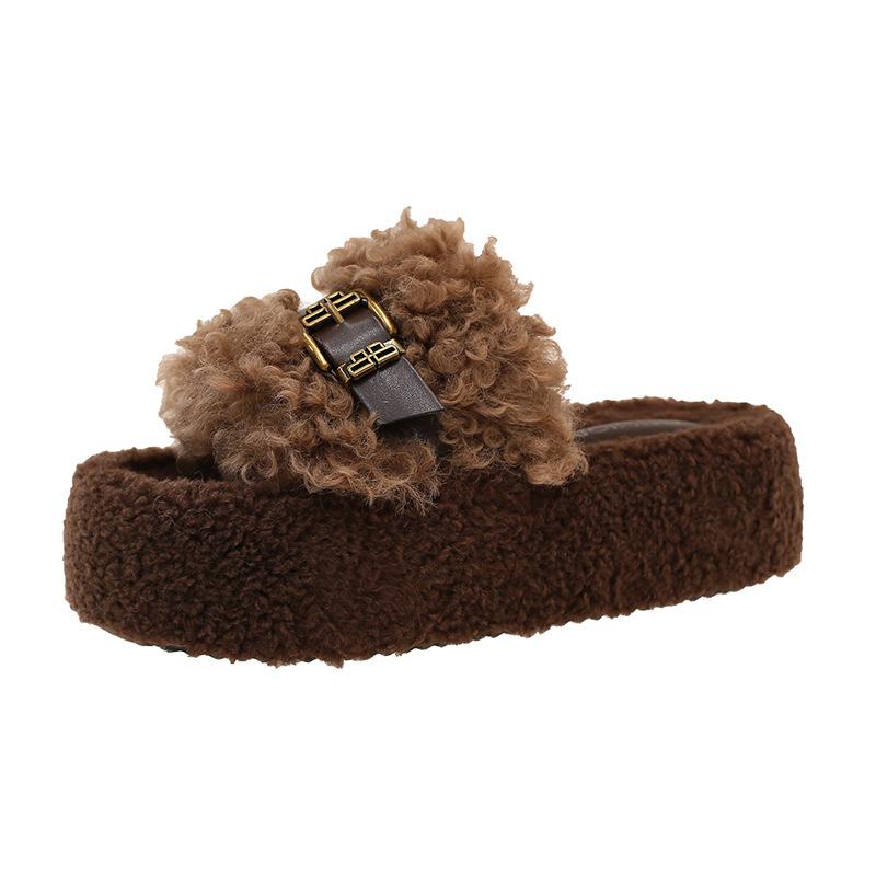 Curly Hair Thick-soled Fluffy Slippers Women's 2025 Autumn and Winter New Outer Wear Korean Version Slippers Soft Bottom One-word Cotton Slippers