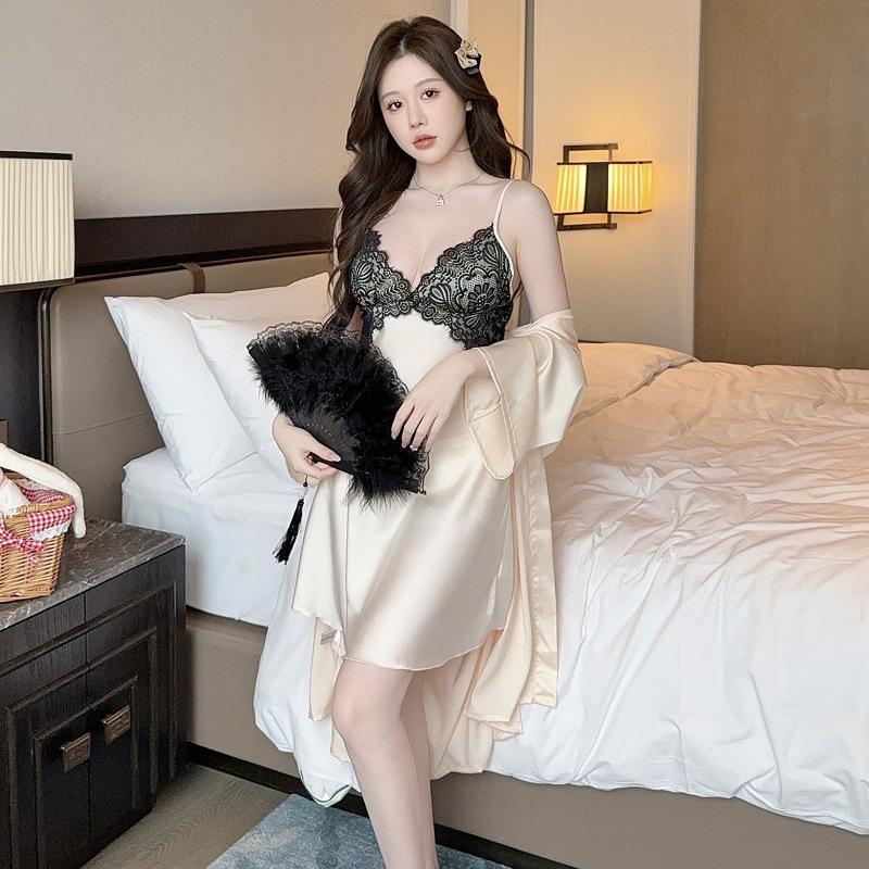 Sexy women's nightgown thin suspender vest with chest pad summer simulation silk hanging skirt nightgown dress live stream