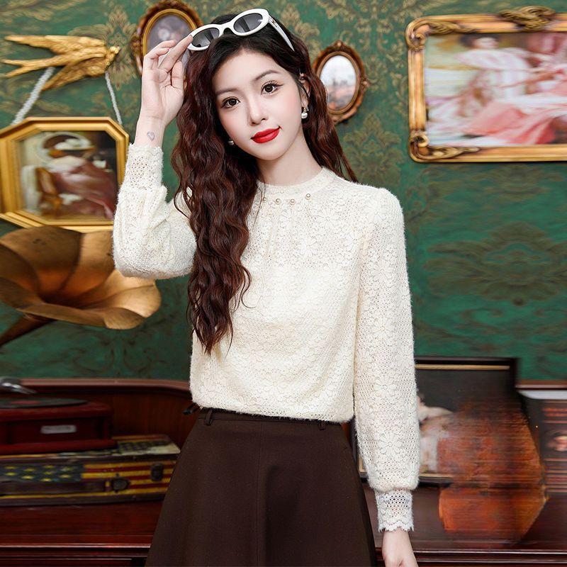 Thickened Lace Shirt, Stylish and Warm, Thick and Fashionable, with Down Thickened Base Shirt for Autumn and Winter, Inner Wear for Women.