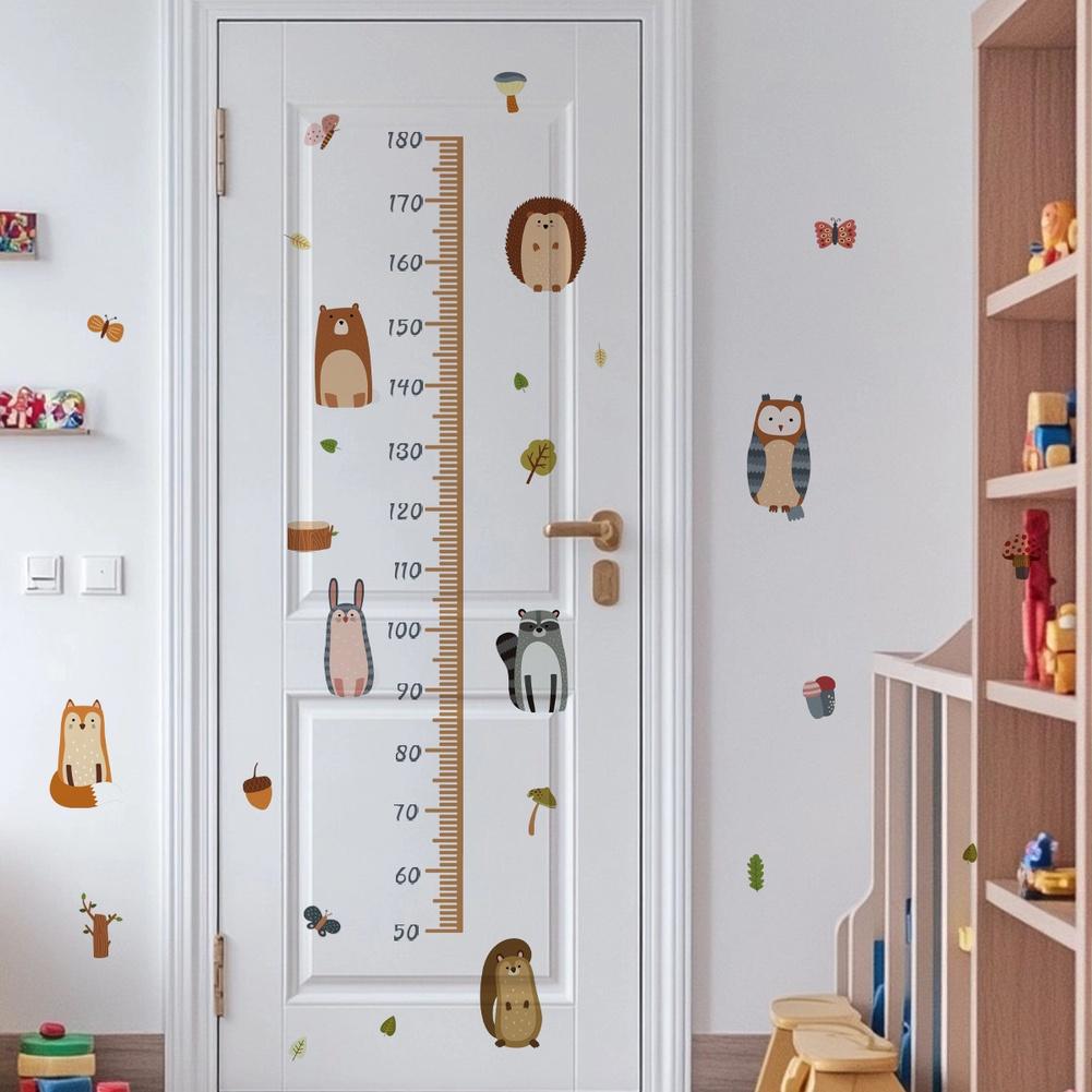 Fun Cartoon Animal Wall Stickers with Height Scale for Children's Room Decoration PVC Removable Decals 60x30cm Set of 2