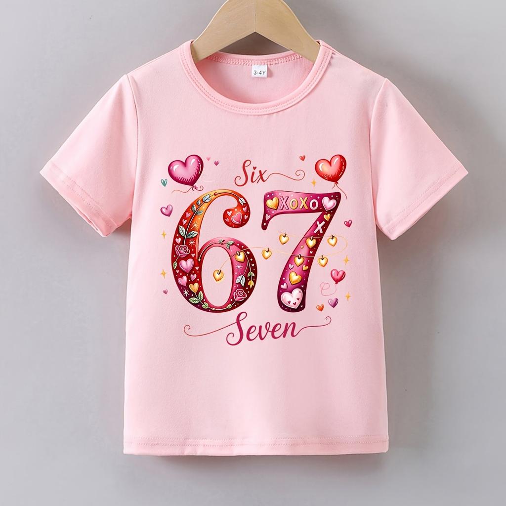 2026 Girls Fashion Tee 67 Heart Floral Pattern Soft Fabric Crew Neck Single Tee Breathable Daily Party Casual Wear