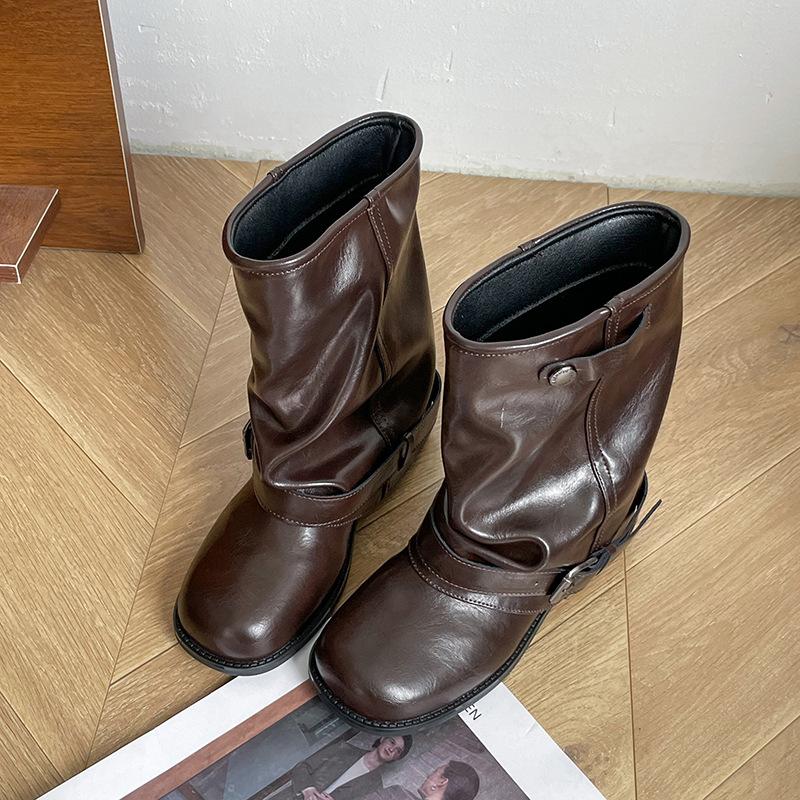 New Fashion Women's Pants Tube Cowboy Boots Autumn Pile Pleated Black Vintage Western Martin Boots Thick Heel
