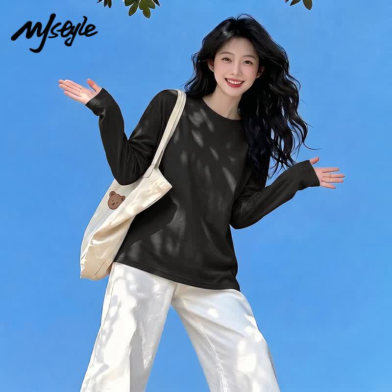 MJ STYLE Women's Loose Pure Cotton Long Sleeve T-Shirt
