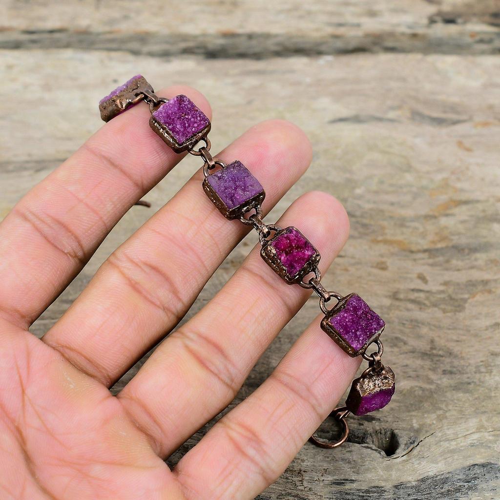 Pink Druzy Bracelet Electroformed Copper Bracelet Adjustable Chain Bracelet Electroformed Handmade Jewelry Gemstone Bracelet Gift For Mother