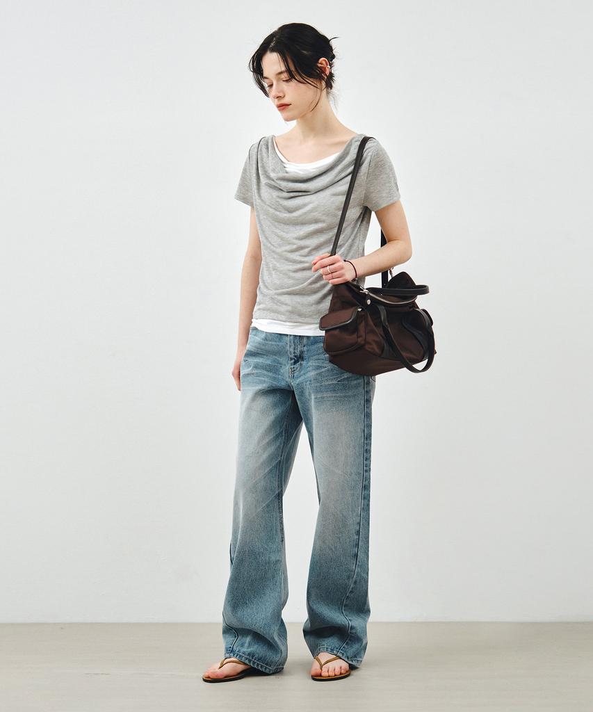 MONGDOL Drape Neck Layered Short Sleeve T-Shirt Gray Mdts094Gray