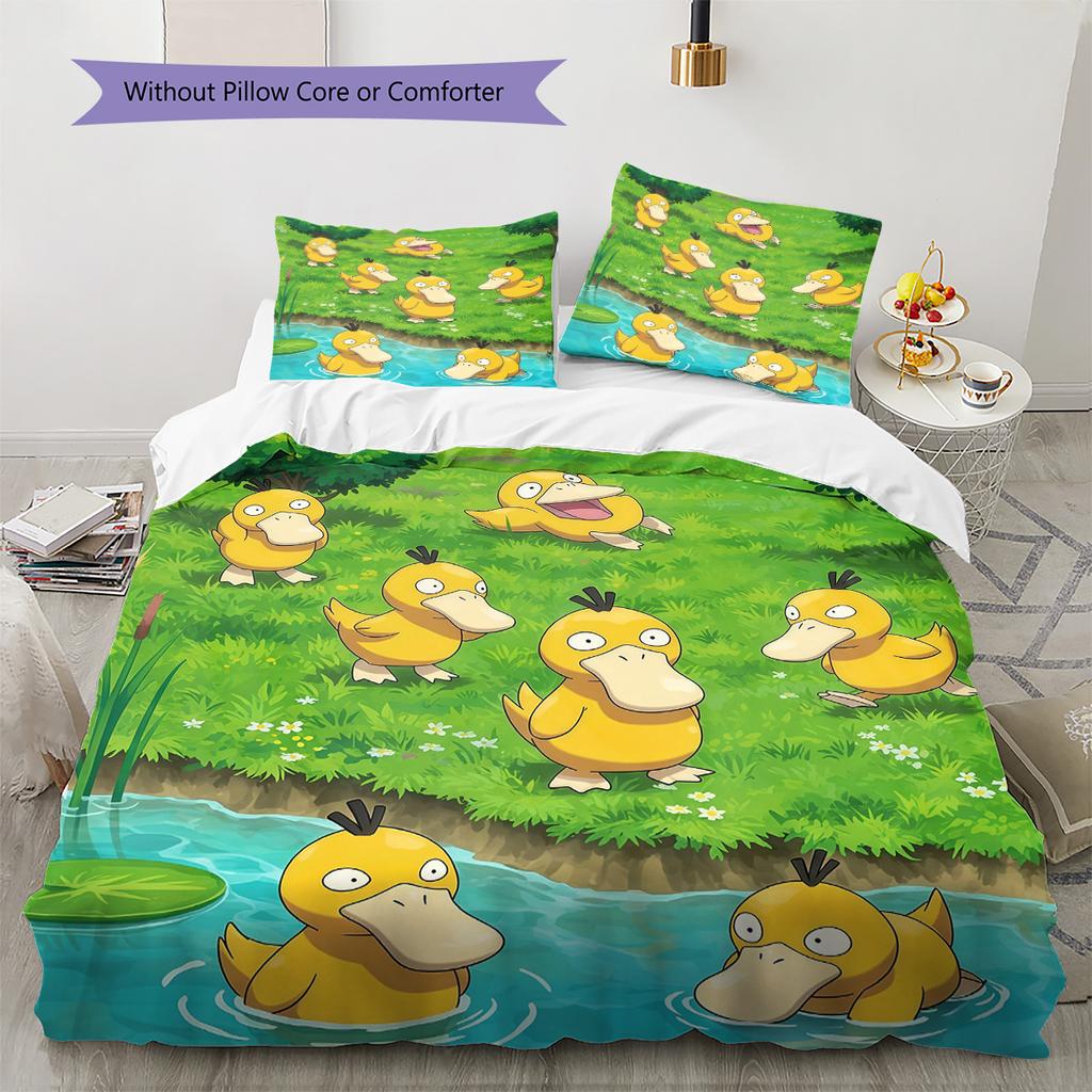 Psyduck Pattern Bedding Quilt Set Home Decoration Gift (1 * duvet cover + 2 * pillowcase without core).xwn