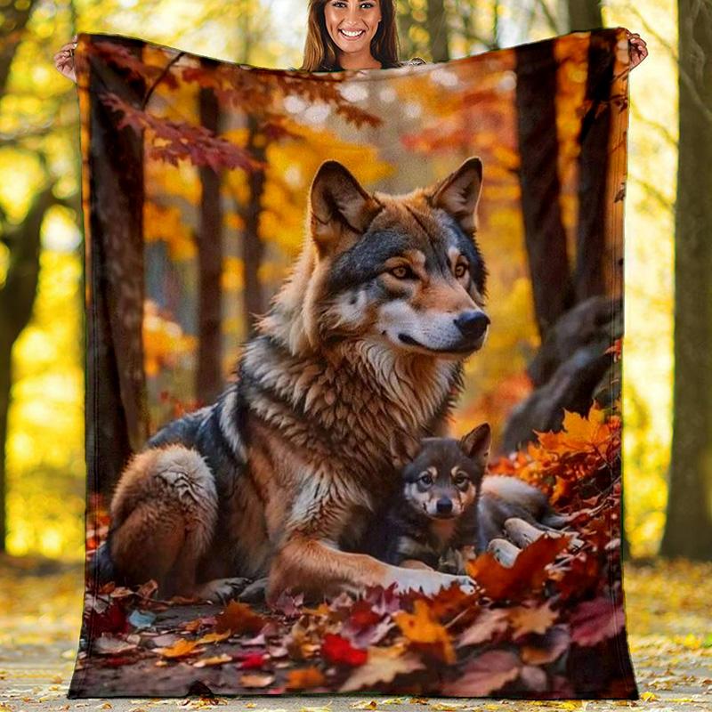 Autumn Wolf Family Fleece Blanket, Wild Animal Throw