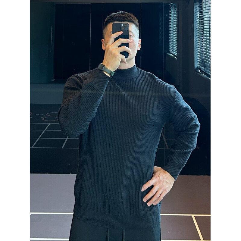 Autumn and Winter Solid Color Versatile Semi-turtleneck Line Sweater Striped Knitted Sweater