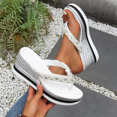 Damen Sandalen Mode Schnur Perlen Keile Hausschuhe Damen Sommer Klobige Plateau Flip Flops Zehensteg High Heels Schuhe für Damen
