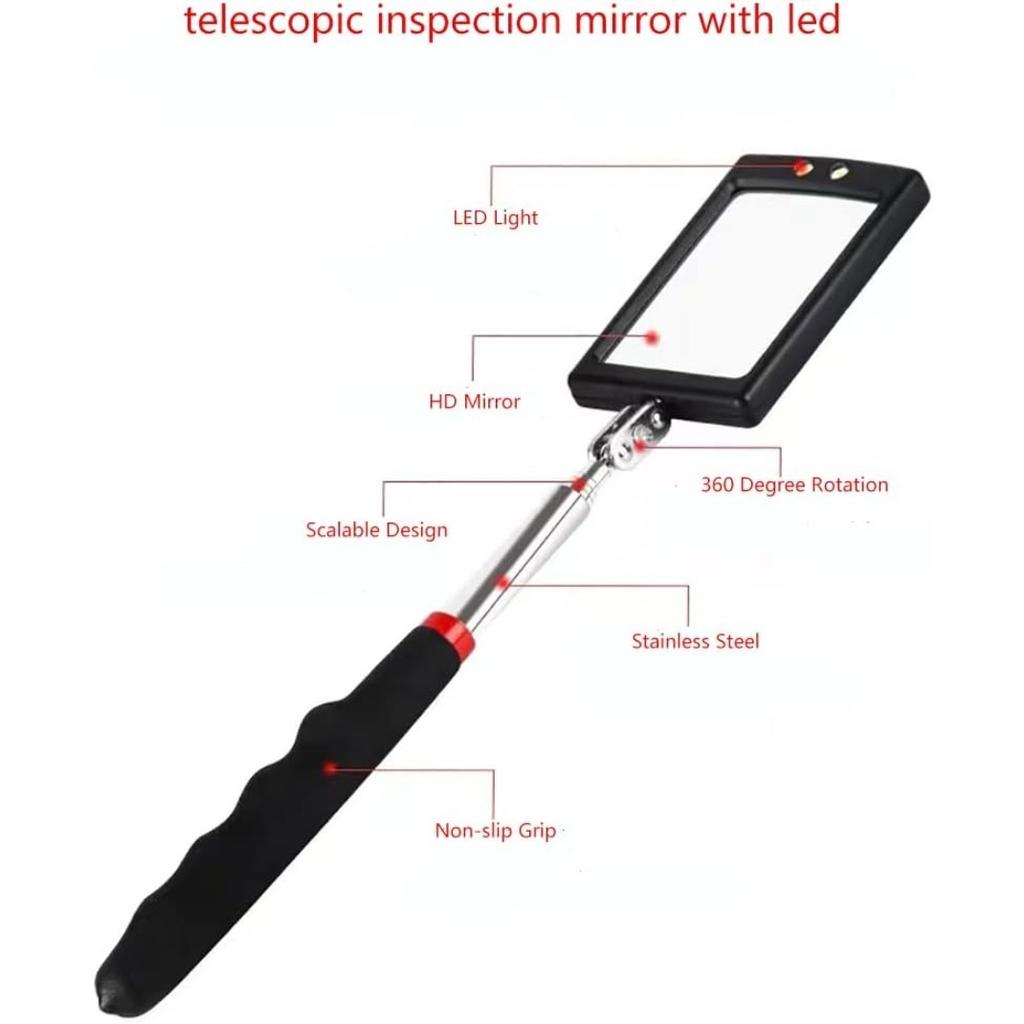 2Pcs Telescopic Inspection Mirror with LED Battery Lighting Telescopic Up To 88cm