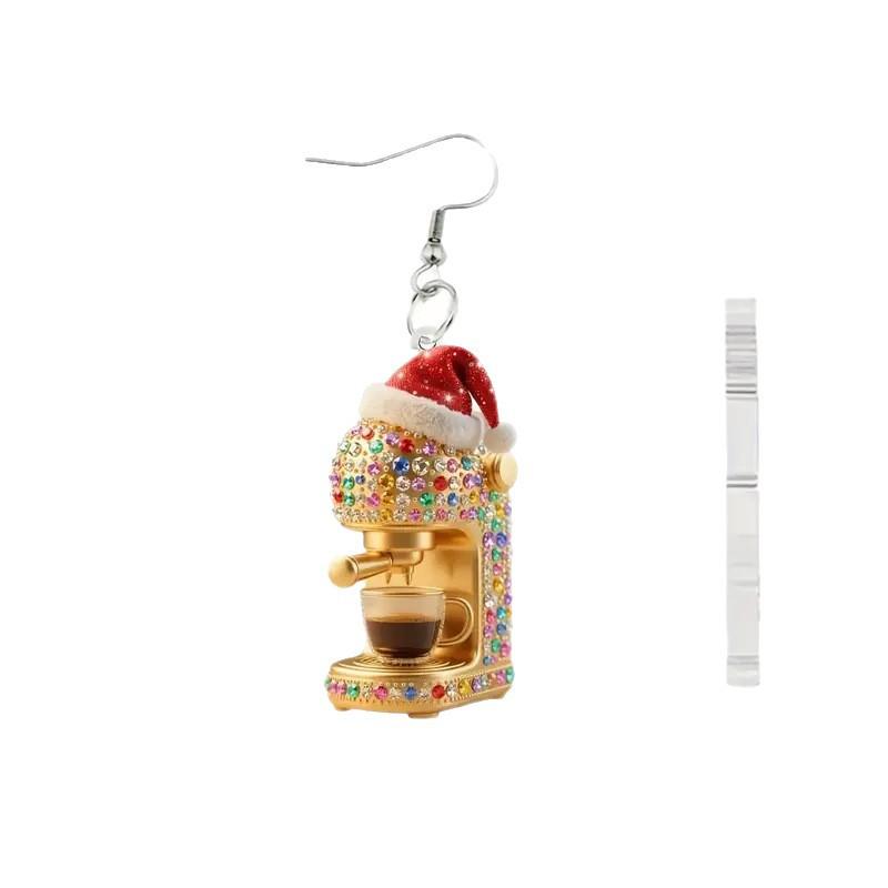 Cross-border new Christmas hat coffee machine earrings flat acrylic Christmas gift golden coffee machine earrings