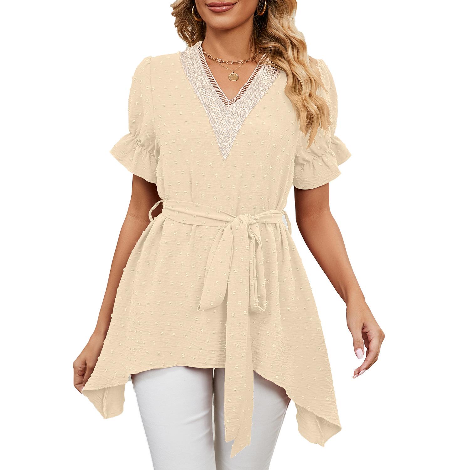 

Весенне-летняя длинная блузка, однотонный жаккардовый топ с v-образным вырезом, свободный шифоновый топ нерегулярной формы для женщин XXL абрикосовый