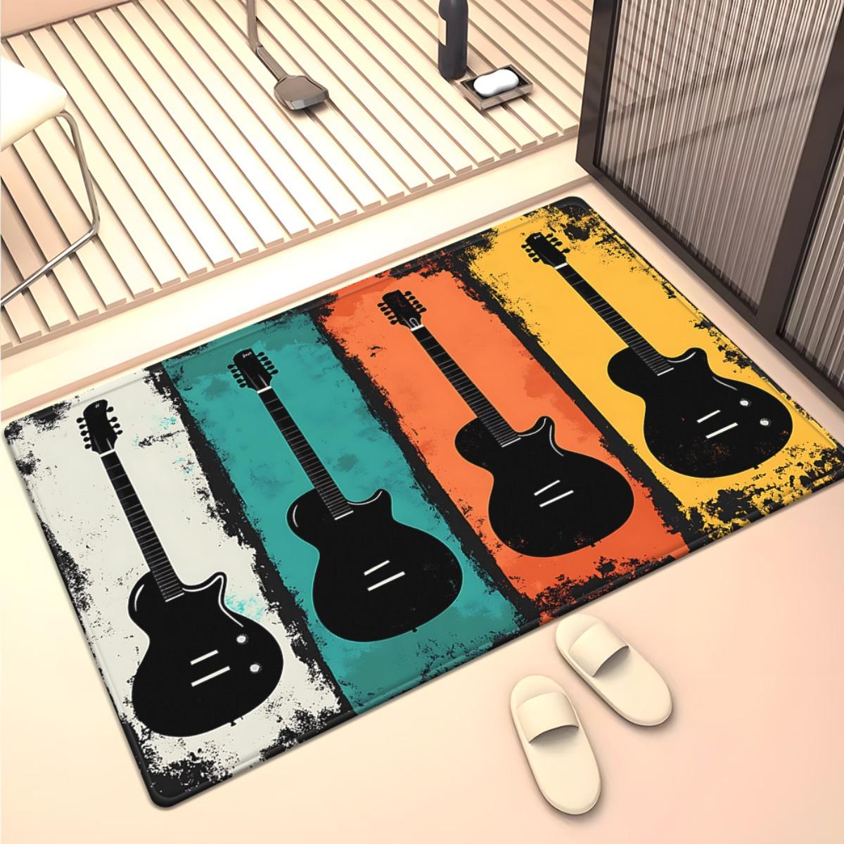 Electric Guitar Music Theme Rug Crystal Velvet Living Room Carpet Rock Band Design Colorful Stripe Pattern Soft Plush Floor Mat 60x90cm