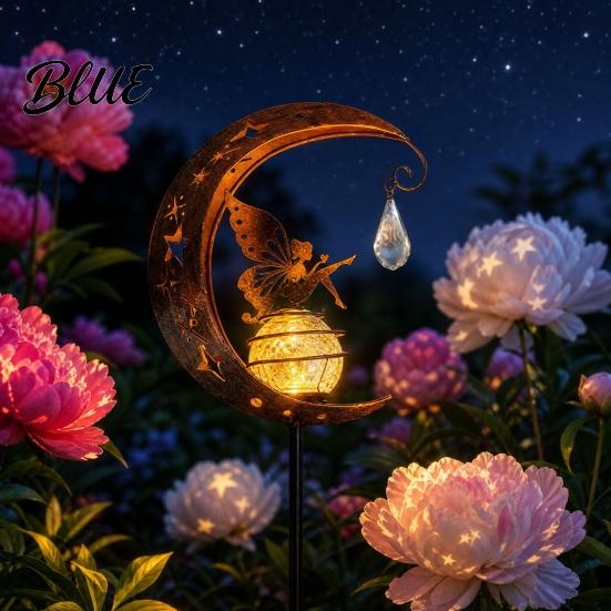 Outdoor Hummingbird Decor Moon Solar Light Metal Crescent with Crackle Glass Ball Garden Landscape Lighting Stake Pathway Light for Yard Patio Lawn