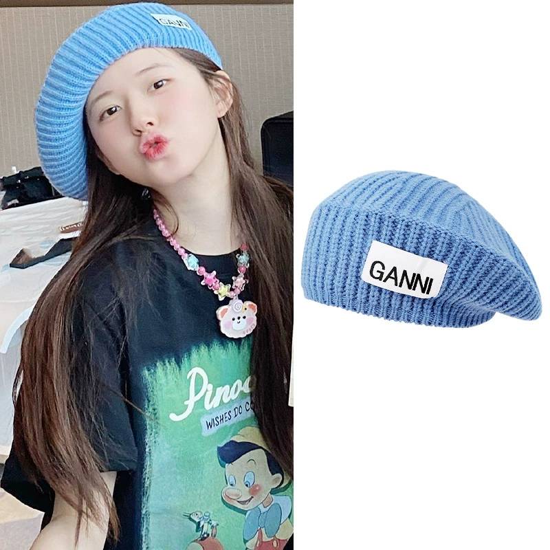 

Fashionable Knitted Beret Hat Women Gamii Letter Pattern Cap Casual Warm Gift Sky Blue