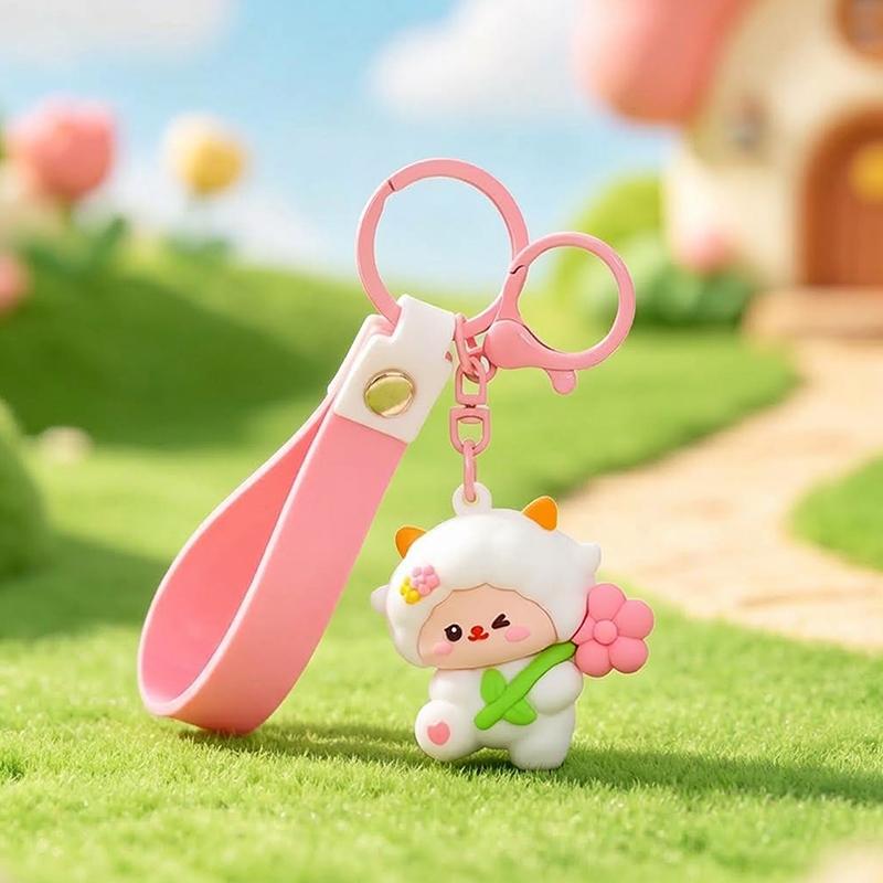 Cute Flower Holding Sheep Keychain Soft Silicone Wrist Strap For Backpack Decor Children Birthday Gifts