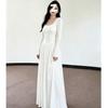 Pure Desire White U-neck Long-sleeved Dress Female Slim Waist Pleated Pendulum Long Modal Long Dress Gentle