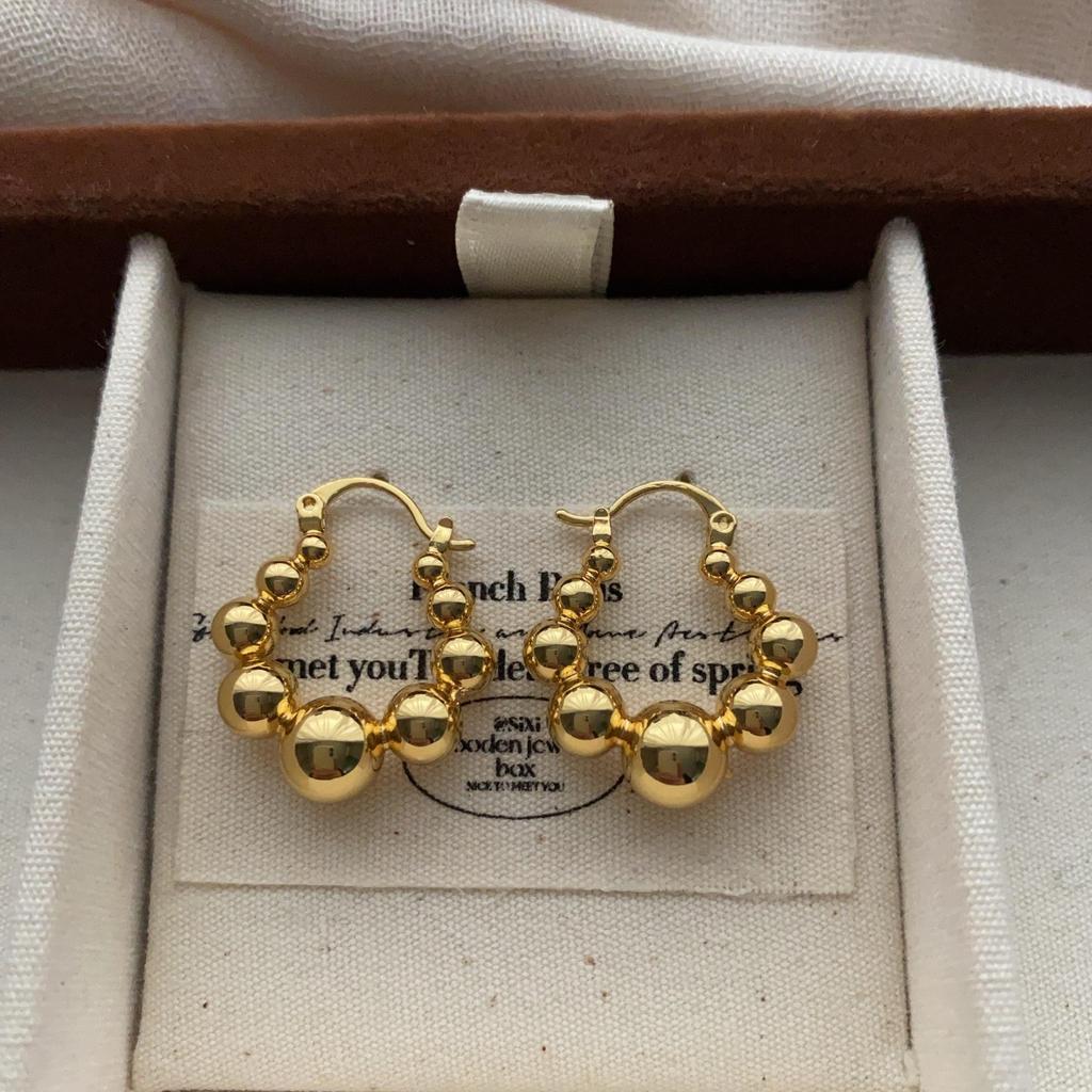Gold Round Beads, Ring Earrings, Ear Buckles, Retro Light Luxury, Geometric Sense Of Order, Exquisite Three-Dimensional Personality, Unique