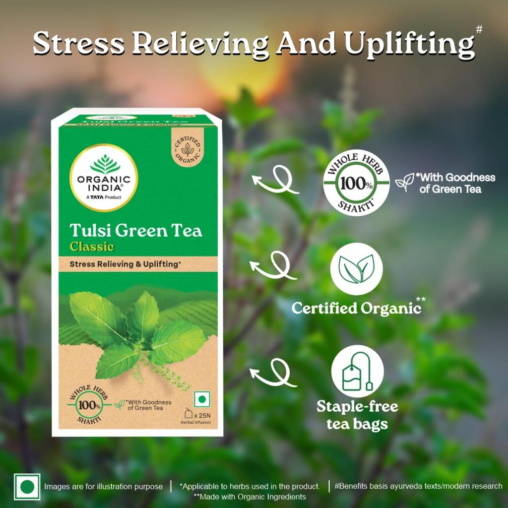 ORGANIC INDIA Tulsi Green Tea Classic 25 Tea Bags Uplifts Mood Rich Antioxidants Rama Krishna Vana