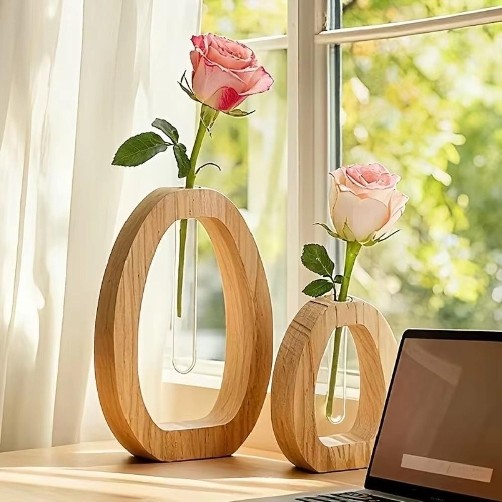Wooden Glass Cylinder Tube Vase Creative Green Plant Rearing Vase Indoor Plant Display