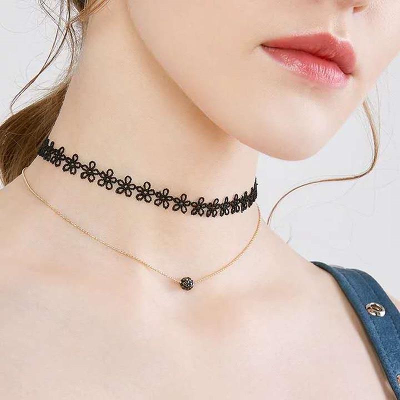 Korean Fashion Lace Flower Choker Necklace: Retro Double Layer Trendy Collarbone Chain for Women