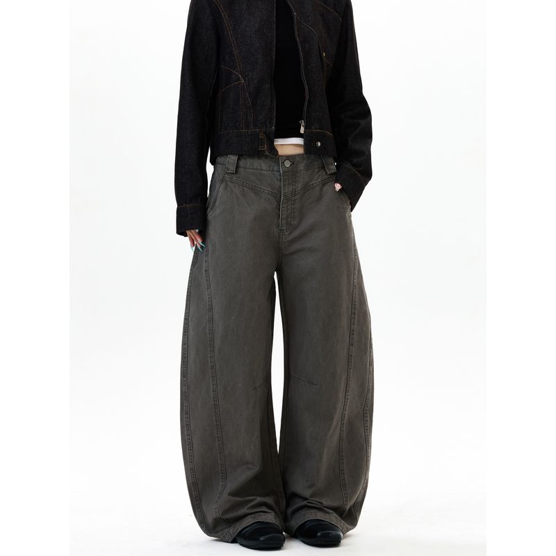 Kisko American Retro Style Exposed Seam Washed Vintage Work Pants Unisex Loose Straight Casual Knife-Cut Pants