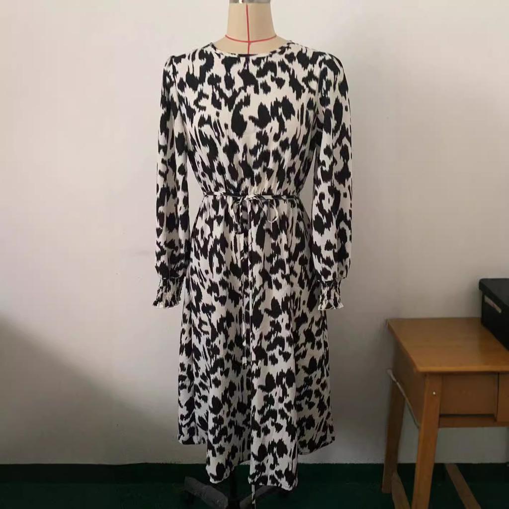 Europe, America, Autumn and Winter New Women's Clothing Leopard Print Lace-up Long-sleeved Pendulum Dress