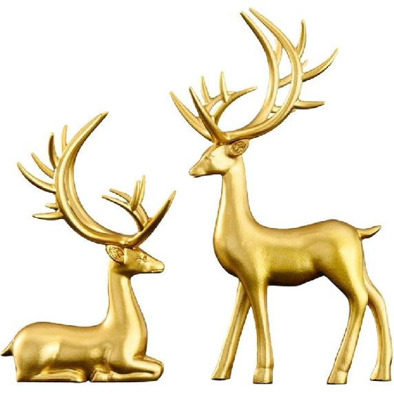 2Pcs Christmas Reindeer Figurines Decorations Resin Sitting & Standing Deer Statues Elk Figurine for Home Table Decor Wine Cabinet (Gold)