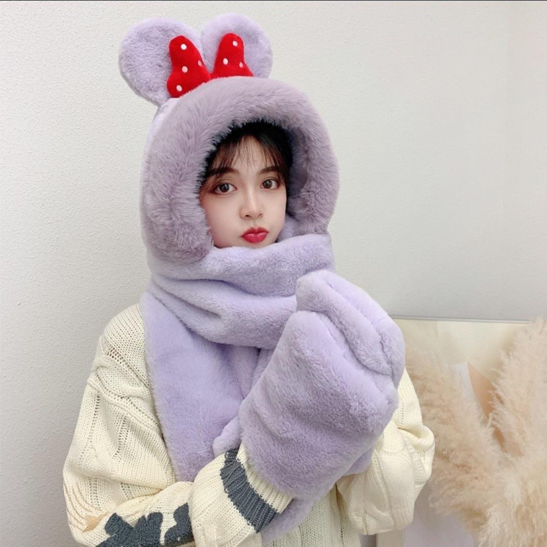 

Зимняя утолщенная шапка с медведем, детский теплый шерстяной шарф, шарф для защиты ушей, три в одном фиолетовый
