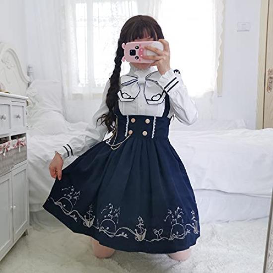 Lolita Long Sleeve Blouse High Waist Skirt Ribbon Tie Sailor Collar Claroli Costume Photo Shoot Cosplay Navy 4 Piece Set [Lady Lazy] (S)