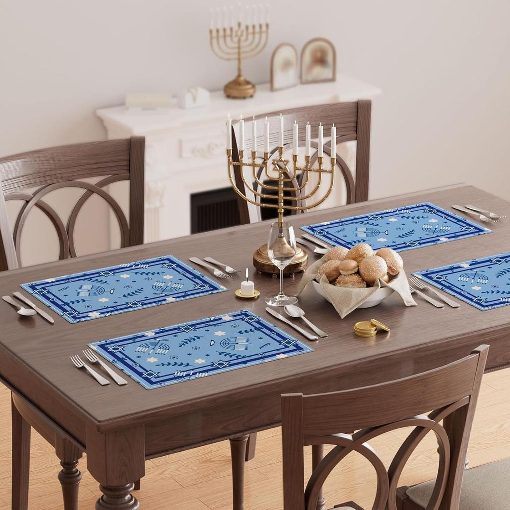 XCHI Hanukkah Six-Pointed Star Olive Leaf Chanukah Menorah Placemats Set of 4 Table Mats for Party Home Kitchen Dining Table Decorations 12x18 Inch