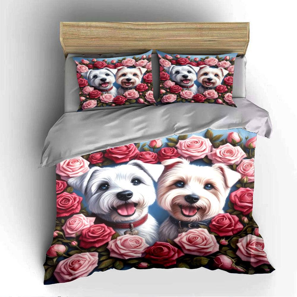 Süße Hunde mit rosa Rosen Bettwäsche Bettbezug Set (1*Bettbezug 2*Kissenbezüge, ohne Bettdecke)
