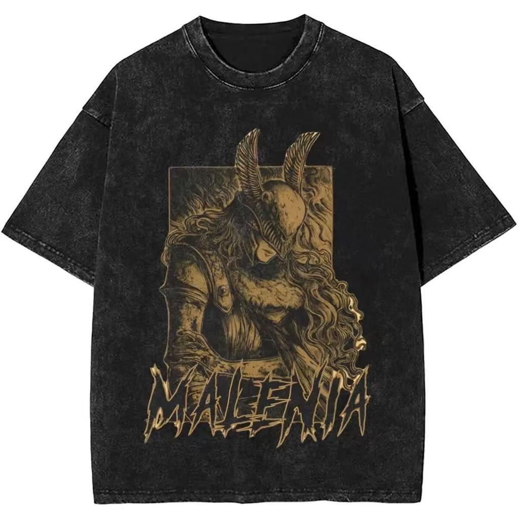 Vintage Gewaschenes Elden Ring Malenia Grafik-T-Shirt Schweres Baumwoll-Kurzarm Unisex Streetwear T-Shirt Für Spieleliebhaber