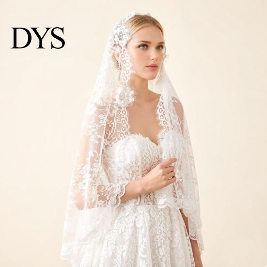 Elegant Lace Edge Veil High-Density Mesh Crisp Shape Bridal Head Accessory with Exquisite Binding Floral Edges Retro Look for Weddings Halloween