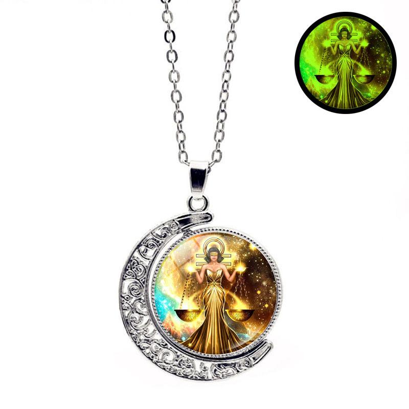 Luminous Twelve Constellations Double Sided Rotating Moon Women's Jewelry Friendship Perfect Gift Pendant Necklace