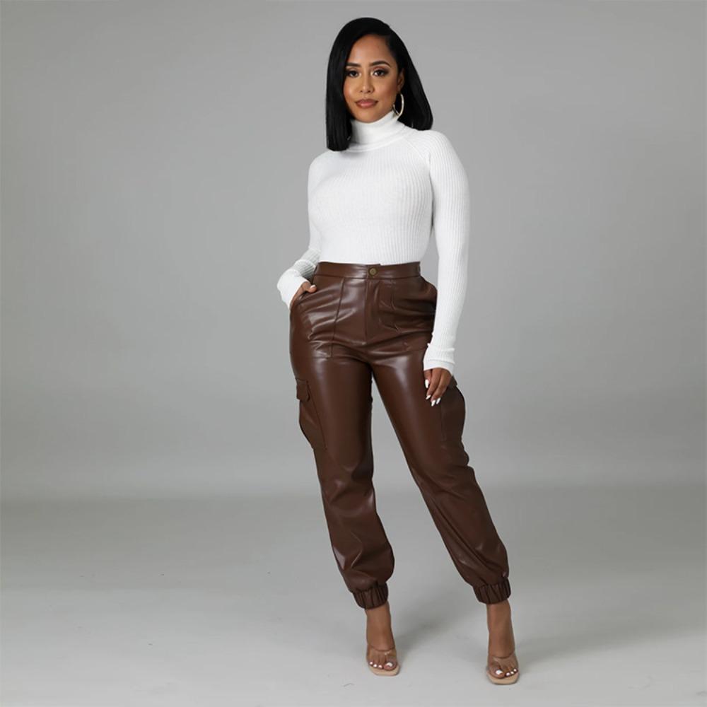 Women s High Waist PU Leather Cargo Jogger Pants Multi Pocket Elastic Cuff Faux Leather Trousers S