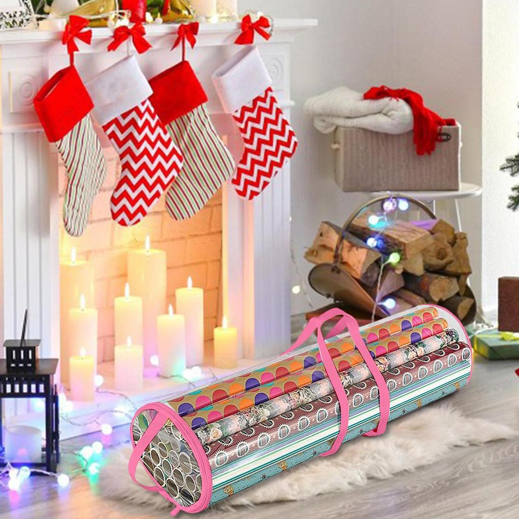 Christmas Cylinder Gift Wrap Storage Clear Bag Wrapping Paper Organizer Underbed Storage for Rolls Ribbon Bows Gift Bags